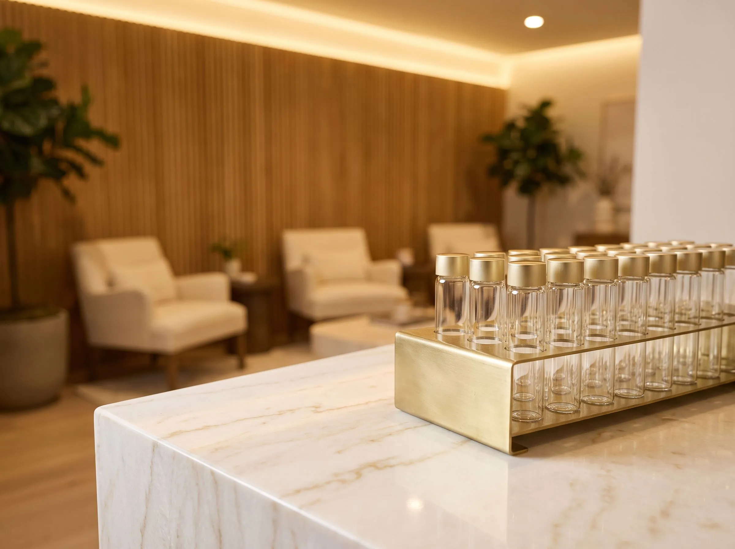 Glass vials with gold caps in a brass rack on a marble counter