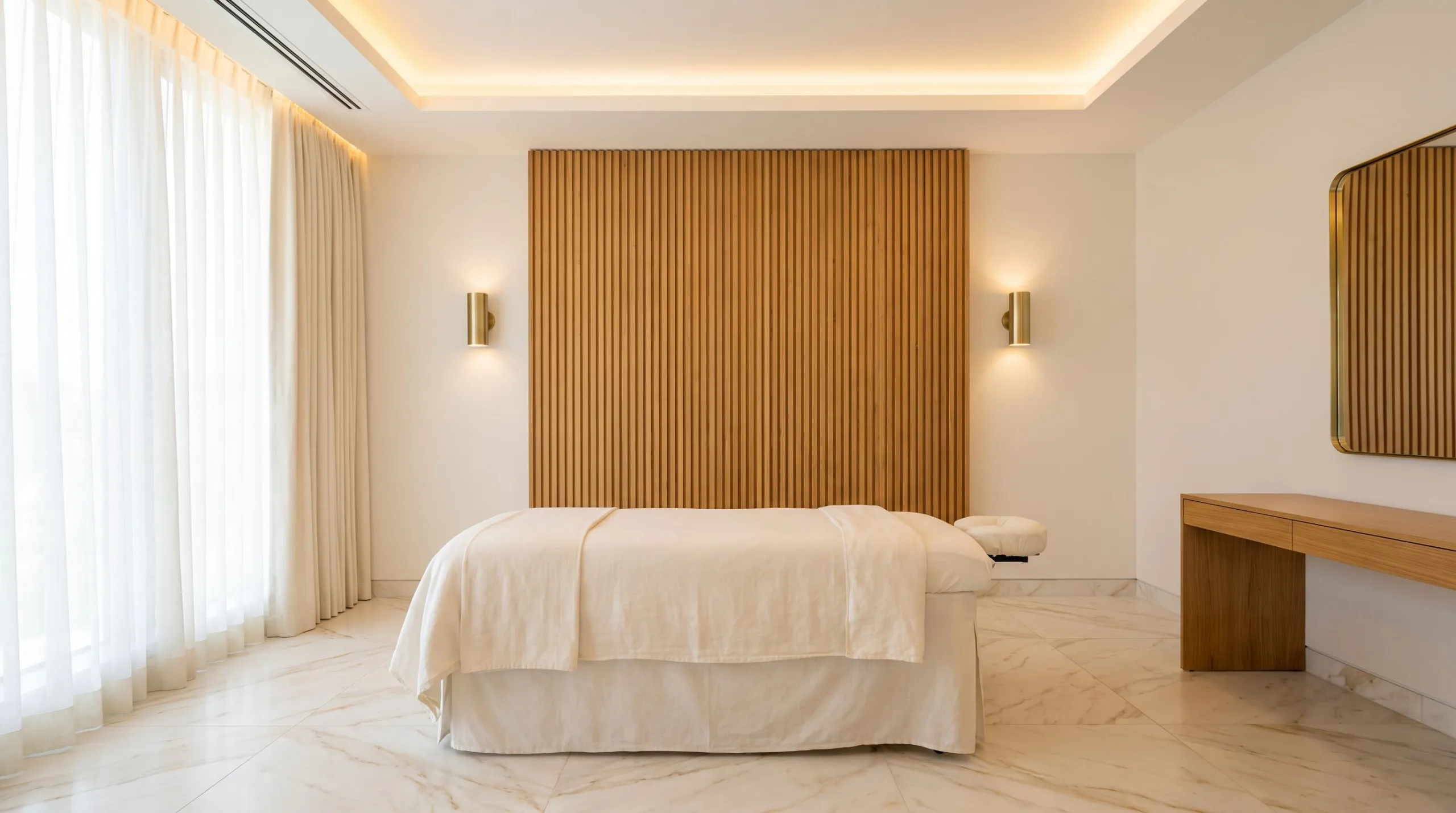 A calm treatment suite with an ivory-dressed bed and wood slat wall