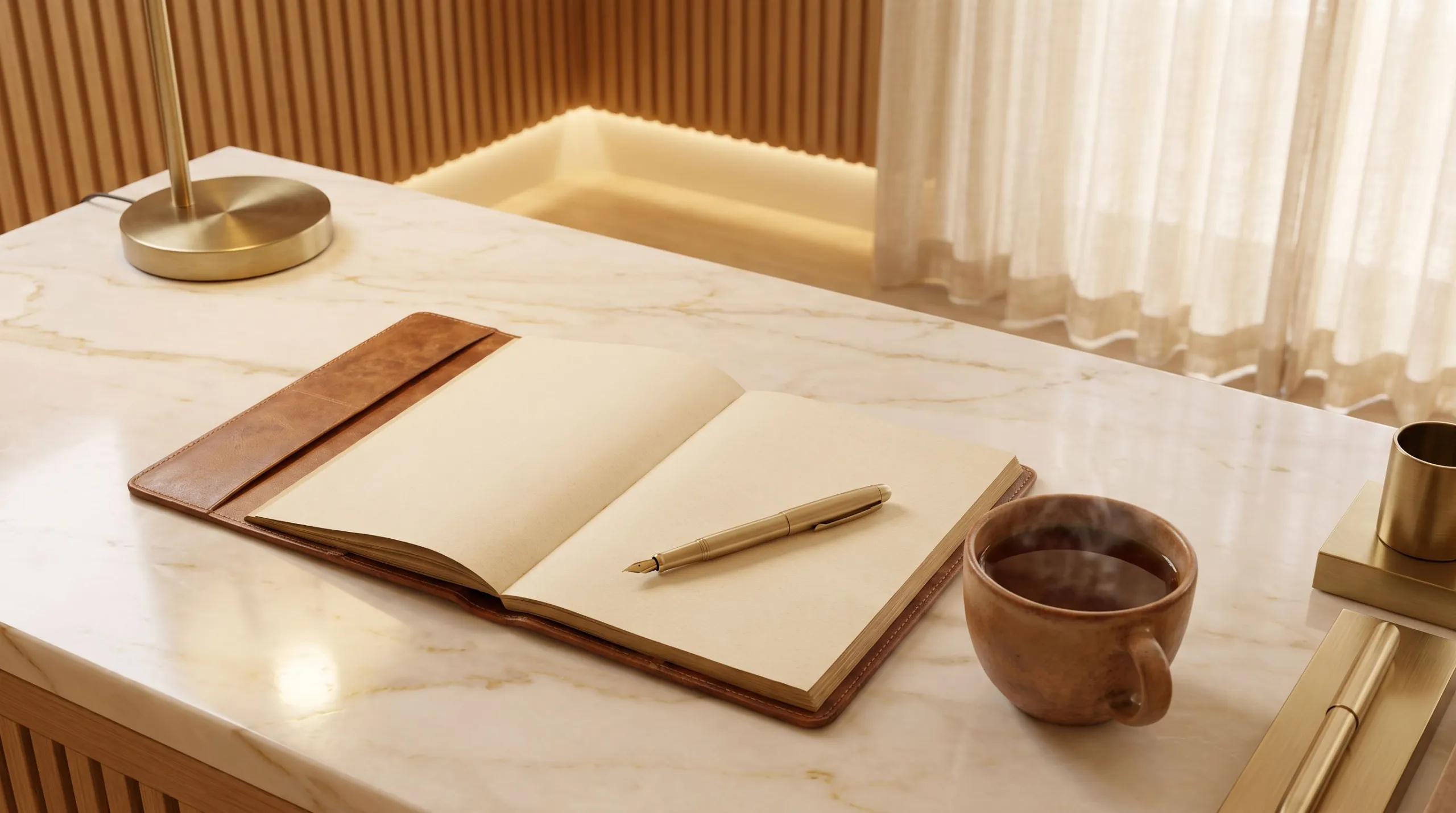 An open leather folio and gold pen beside a cup of tea on a marble desk