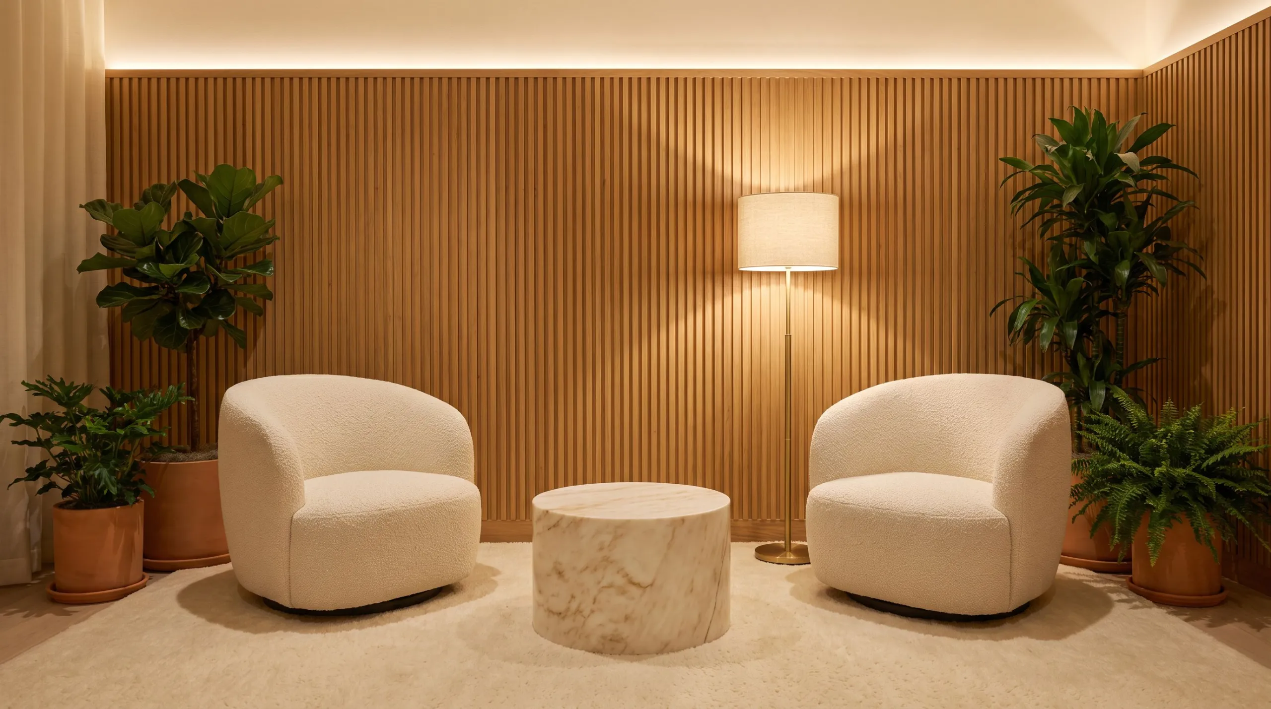 A private consultation lounge with cream armchairs, a marble side table, and a wood slat wall.