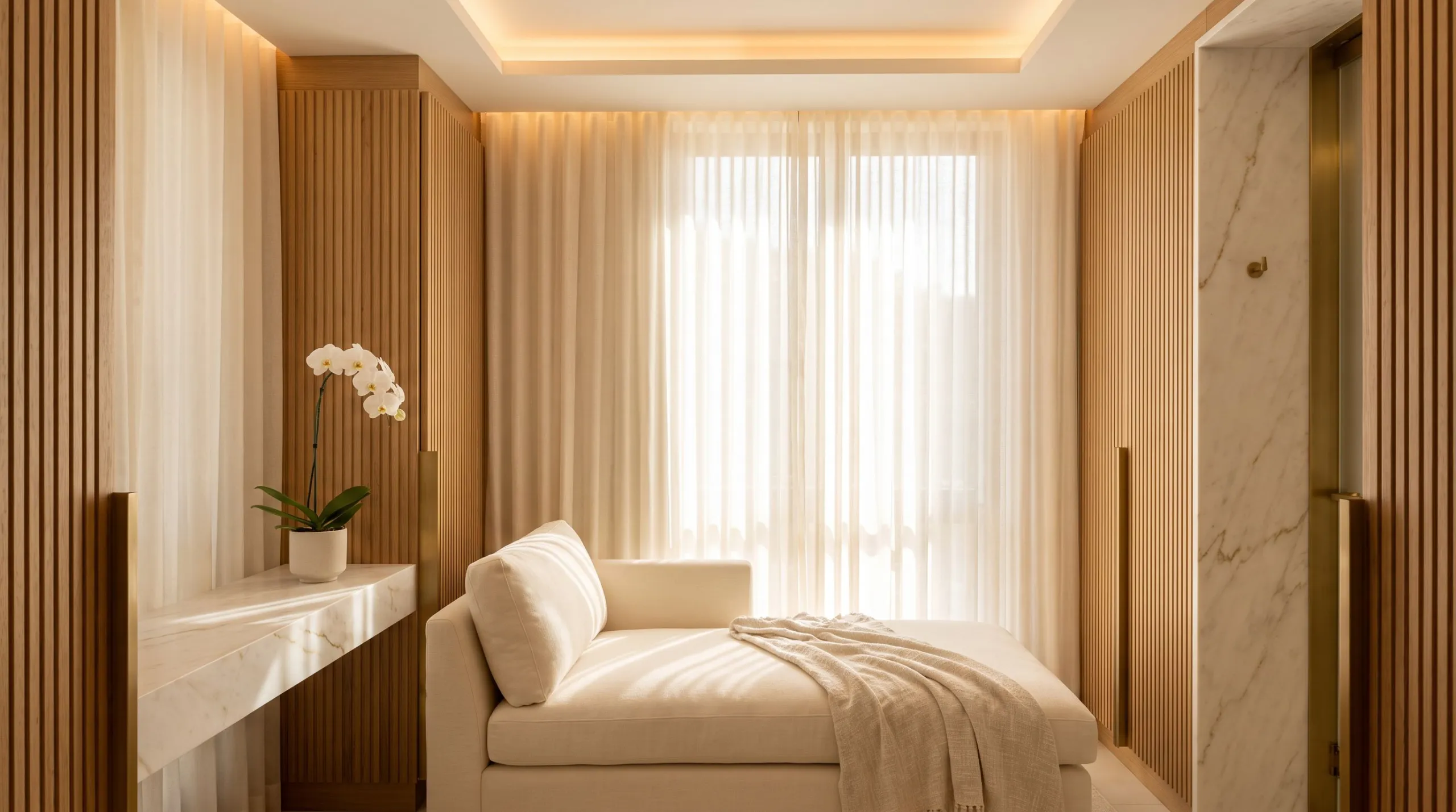 A serene private treatment suite with soft drapery, a cream chaise, and an orchid on a marble ledge.